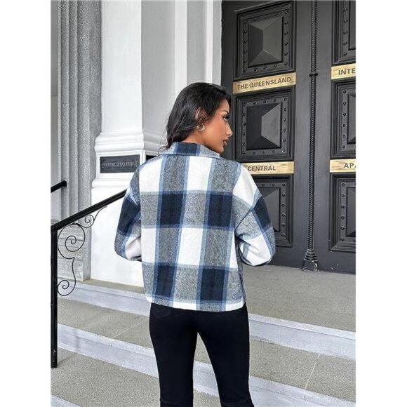 Blue Plaid Print Corduroy Cropped Jacket Shacket Button Down Long Sleeve Coat - Picture 5 of 6